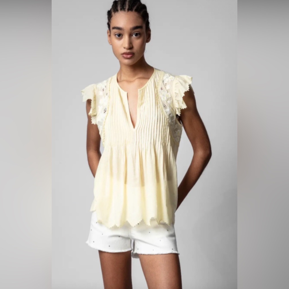 Zadig & Voltaire Tiara Tomboy Shirt in pastel butter yellow.
